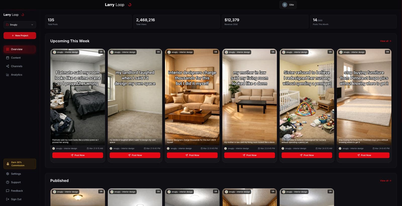 LarryLoop dashboard showing AI-generated content, views, and revenue